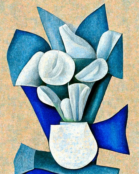 An abstract painting portrait of a vase of flowers, pastel blue and white petals, pastel blue and white petals in the style of cubism