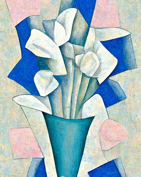 An abstract painting portrait of a vase of flowers, pastel blue and white petals, pastel blue and white petals in the style of cubism