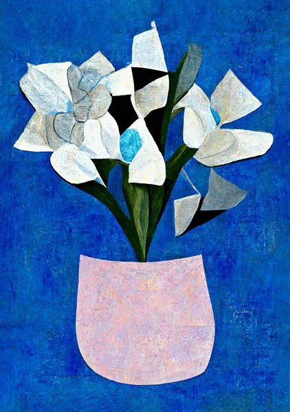 An abstract painting portrait of a vase of flowers, pastel blue and white petals, pastel blue and white petals in the style of cubism