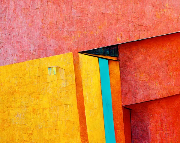 An abstract painting, bright colors and shapes suggestive of architecture