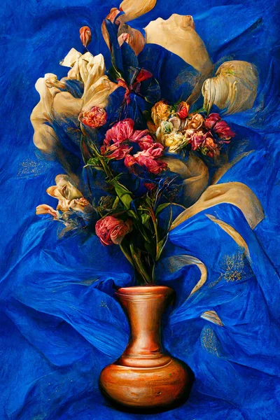 An bold oil painting of floral in a vase over a blue silk cloth background that looks like a renaissance painting high-angle shot