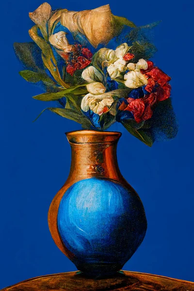 An bold oil painting of floral in a vase over a blue silk cloth background that looks like a renaissance painting high-angle shot