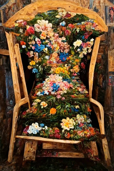 An Bold Oil Painting Of Wooden chair covered in flowers that looks like a renaissance painting high-Angle Shot