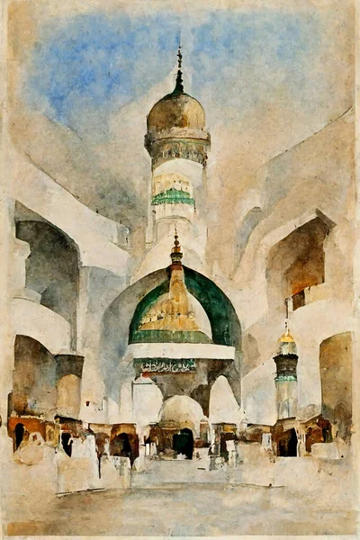 Watercolor wall tableau Art painting Al Masjid an Nabawi in the Kingdom of Saudi Arabia, plastic art paintings, creative drawings of Makkah Al-Mukarramah, artistic paintings with beautiful colors that attract tourists, wall art paintings.