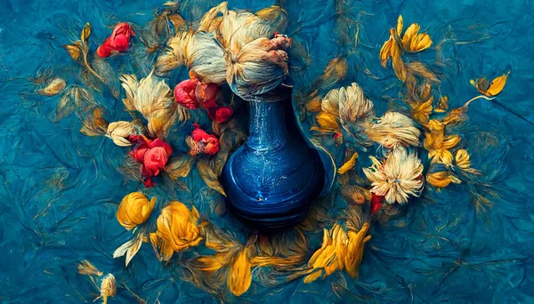 Oil painting Bouquet of blue flowers in a vase on blue background, A bold oil painting of flowers in a vase over a blue silk cloth background that looks like a renaissance painting, Wall Art tableau Decoration.