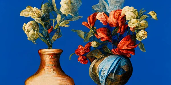 Oil painting Bouquet of blue flowers in a vase on blue background, A bold oil painting of flowers in a vase over a blue silk cloth background that looks like a renaissance painting, Wall Art tableau Decoration.