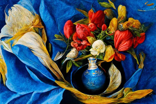 Oil painting Bouquet of blue flowers in a vase on blue background, A bold oil painting of flowers in a vase over a blue silk cloth background that looks like a renaissance painting, Wall Art tableau Decoration.