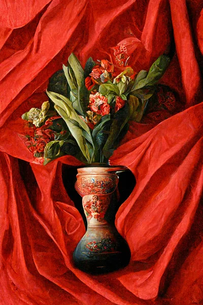 Oil painting Bouquet of red flowers in a vase on red background, A bold oil painting of flowers in a vase over a blue silk cloth background that looks like a renaissance painting, Wall Art tableau Decoration.