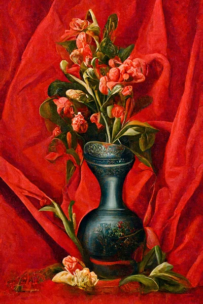 Oil painting Bouquet of red flowers in a vase on red background, A bold oil painting of flowers in a vase over a blue silk cloth background that looks like a renaissance painting, Wall Art tableau Decoration.