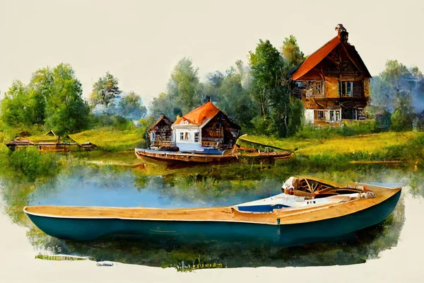 Oil painting House Lake River Sunset Cat Sea Flowers Boat Painting, Oil painting depicting an idyllic cottage by a creek with wild colorful wild flowers. Wall Art tableau Decoration.