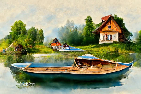 Oil painting House Lake River Sunset Cat Sea Flowers Boat Painting, Oil painting depicting an idyllic cottage by a creek with wild colorful wild flowers. Wall Art tableau Decoration.