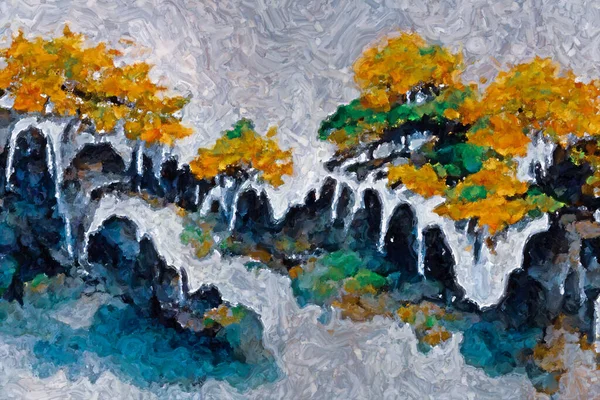 cascading plateaus with trees, painting