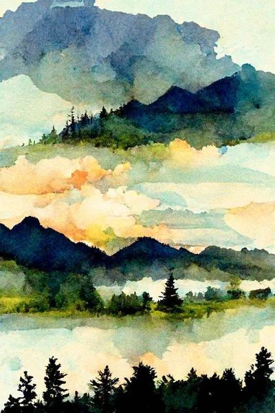 watercolor landscape with mountains and trees