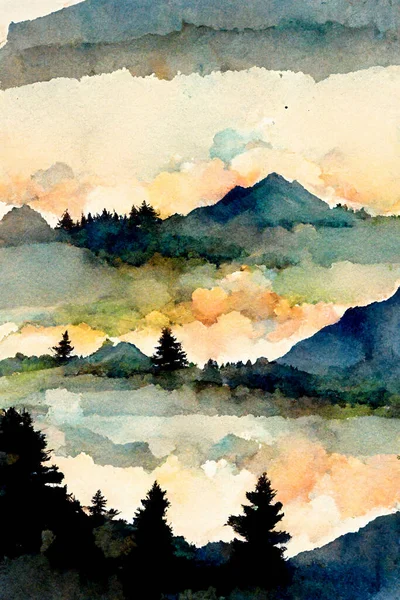 watercolor landscape with mountains and forest