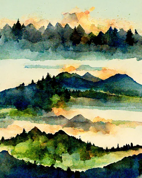 watercolor landscape with mountains and forest