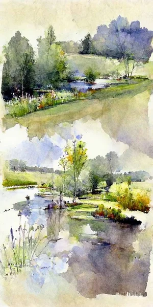 watercolor illustration of a beautiful landscape with a river