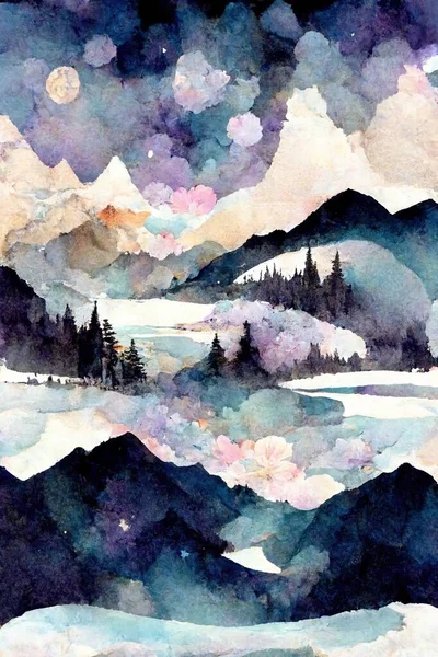 watercolor landscape with mountains and forest