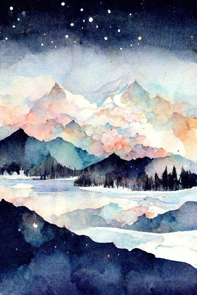 watercolor landscape with mountains and forest