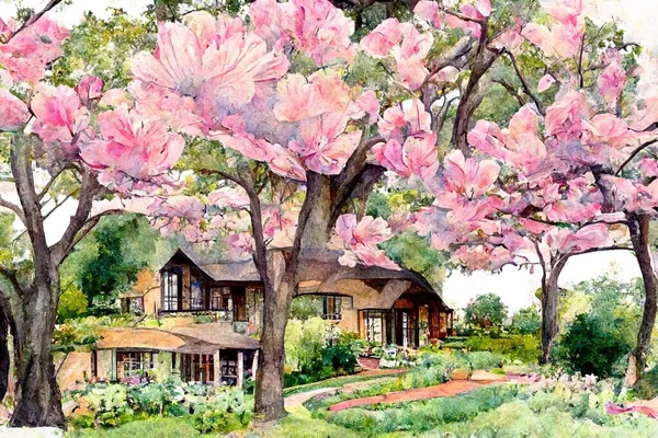 beautiful watercolor painting of a garden with flowers
