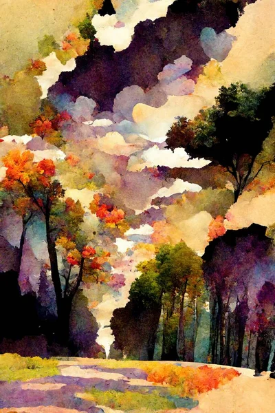 autumn landscape with trees and watercolor painting