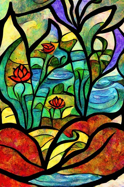 stained glass window with flowers and leaves
