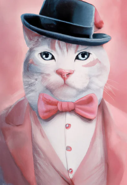 cat with hat and bow tie, Cat Man Portrait with blue eyes on hat with Magnolia flower Fine Art. Digital Illustration imitating oil painting on canvas
