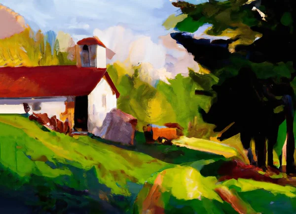 Still life painting rural barn and silo, beautiful landscape with a mountain house