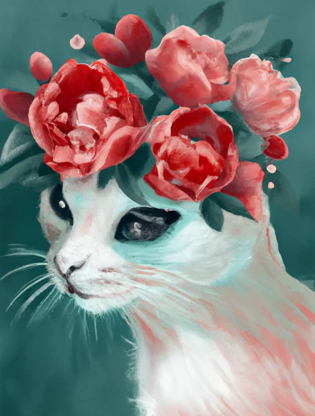cat with a flower on a white background, Cat woman portrait with bouquet flowers. Digital Illustration imitating oil painting on canvas, Abstract Cat woman portrait with bouquet flowers on the head painted on canvas Painting done by me