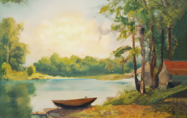 beautiful landscape with river and lake, Oil painting showing boat on the lake and cottage on a beautiful summer day.