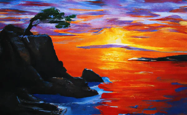 beautiful view of the river in the park, landscape painting of a Scenery River Cliffs with Tree on Top of Mountain Cliff under Red Sunset Sky reflected on the water.