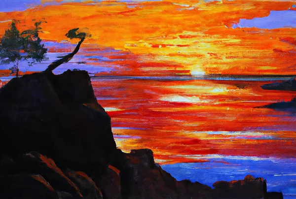 beautiful view of the mountains, landscape painting of a Scenery River Cliffs with Tree on Top of Mountain Cliff under Red Sunset Sky reflected on the water.
