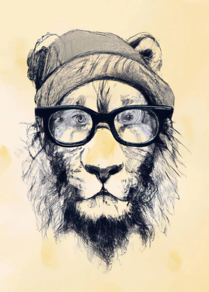 Abstract painting of a hand-drawn yellow-eyed lion head wearing eyeglasses and a hat looking in a serious way with a mane and calm yellow background.