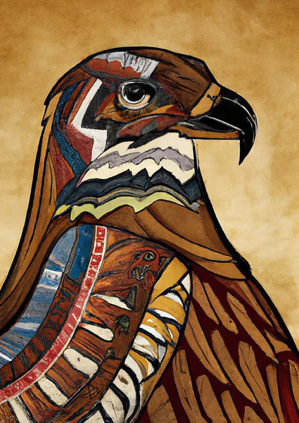 illustration of a bird with a tattoo, Abstract painting of Falcon constructed in the form of structural buildings.