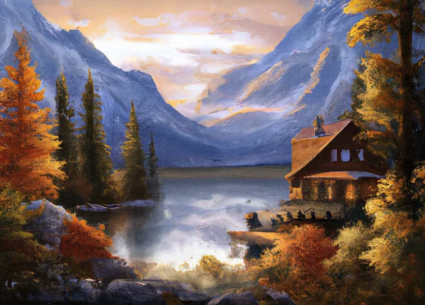 beautiful landscape with lake and mountains, landscape painting of Mountain lake with a House, Trees, and Rocks by the lake.