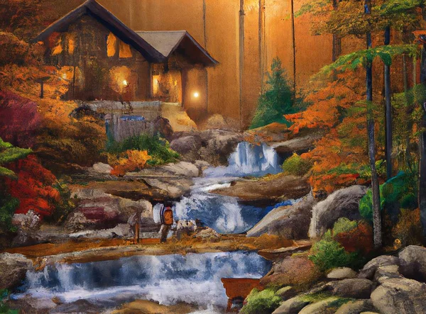 autumn landscape with a waterfall in the forest, landscape painting of a forest with a house in the middle has a small waterfall and rocks and trees alongside the lake.