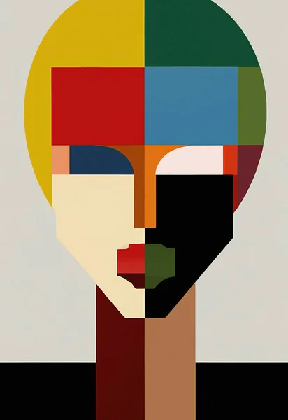 illustration of a man with a puzzle, Abstract painting of face showing one eye and mouth with three colored thick brush lines on the rest of the face.
