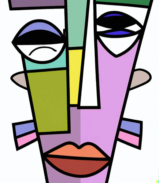 illustration of a woman with a mustache, Abstract painting of face showing one eye and mouth with three colored thick brush lines on the rest of the face.