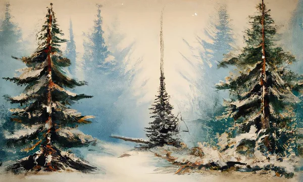 christmas background with fir trees and snow, Vintage Oil Painting of Evergreens in a Snowy Field, Evergreen pine trees in a snowy field. Vintage winter scene oil painting. Christmas concept.