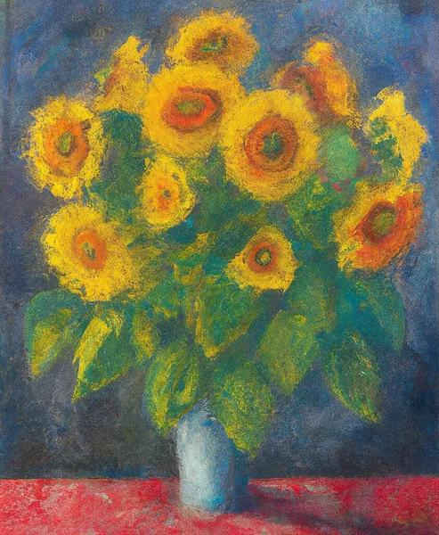 Still Life of Flowers Bouquet in a Vase Oil Painting, Still life oil painting showing colorful flowers in the vase standing on the table.