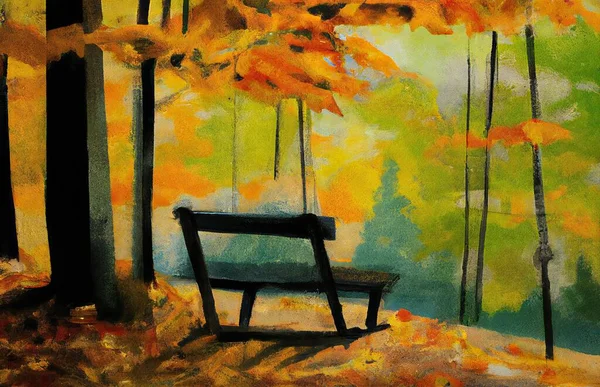 autumn landscape with a bench and a glass of water, Painting of a Park Bench in the middle of a park full of various trees.