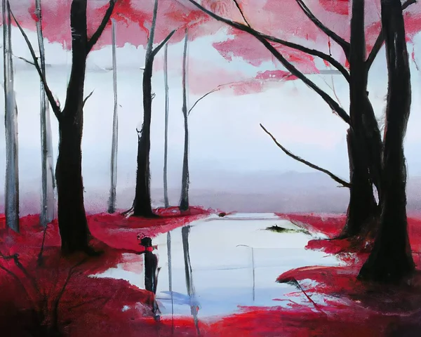 Landscape Painting of Red Trees Lake reflected on the water with a foggy sky.