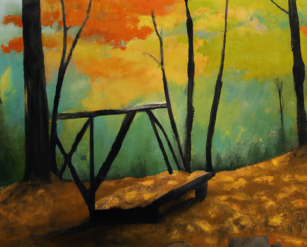 autumn landscape with trees and leaves, Painting of a Park Bench in the middle of a park full of various trees.
