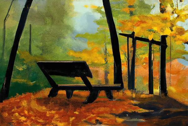 autumn landscape with bench and trees, Painting of a Park Bench in the middle of a park full of various trees.