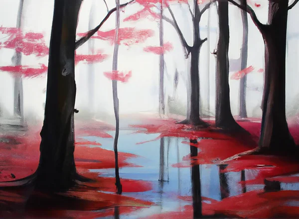 beautiful autumn landscape with trees and leaves, Landscape Painting of Red Trees Lake reflected on the water with a foggy sky.