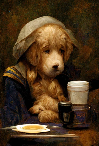 a dog in a hat with a cup of coffee