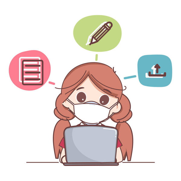 Woman working with laptop to edit document online and upload. Cute cartoon character doodle style.