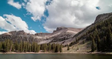 A short time-lapse of white clouds passing over Wheeler Peak and Stella Lake, located within Great Basin National Park in Nevada on a summer day.
