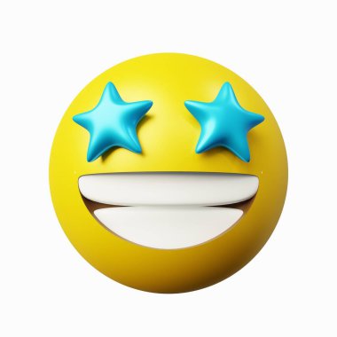 3D rendelenen sırıtan yıldızlı göz ifadeleri. Şaşırmış emoji, izole edilmiş beyaz arkaplan.