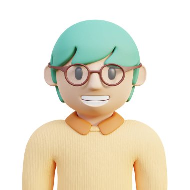3d rendering tosca hair boy character avatar wearing knitted sweater and eyeglasses