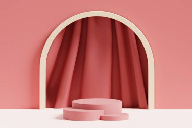 Arka ürün podyumunda kırmızı perdesi olan 3d kırmızı daire podyumu, ürünlerin sergilenmesi için en az kırmızı lüks sahne ile zarif arka plan